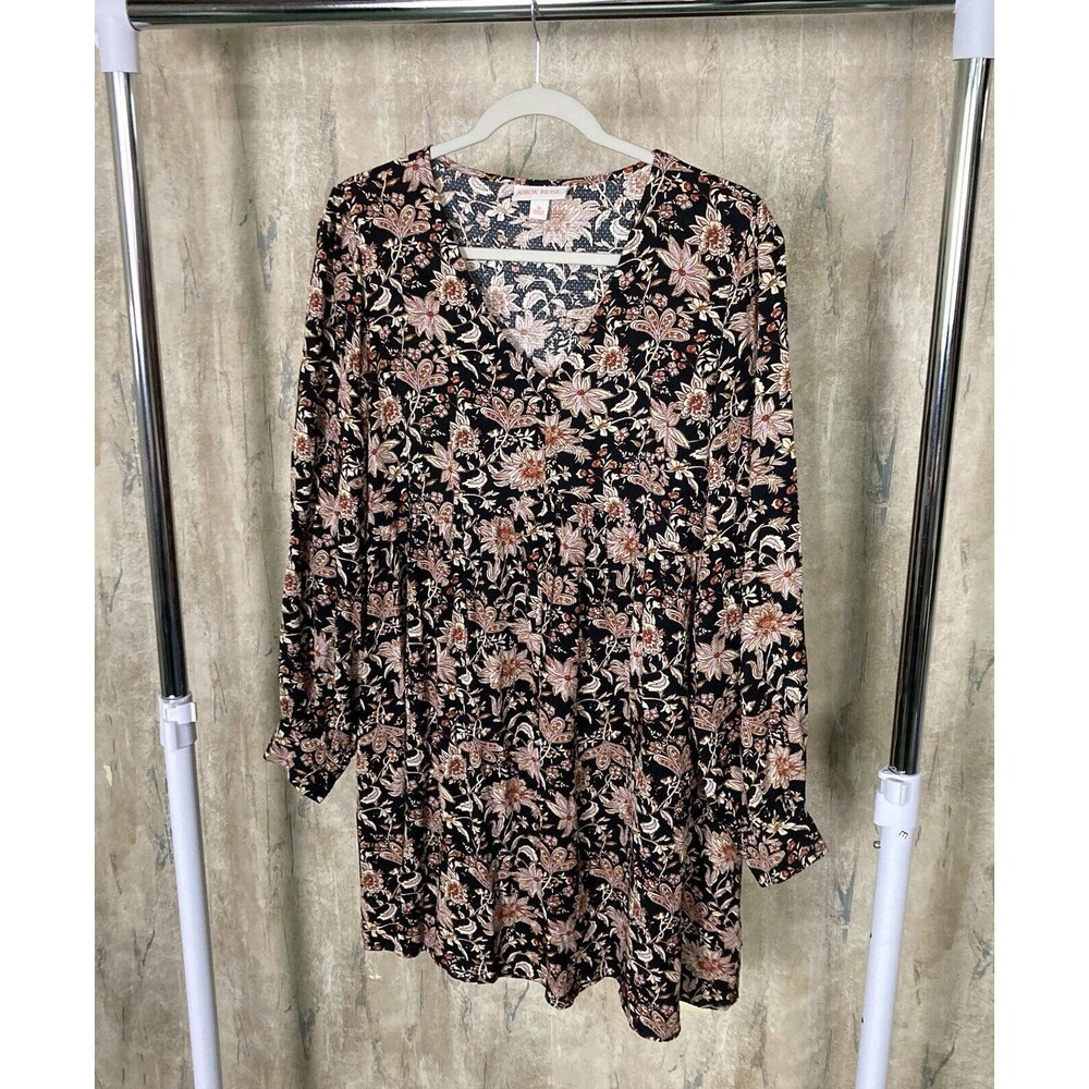 Knox Rose Dress Womens Medium Black Pink Floral Boho Peasant Long Sleeve V Neck